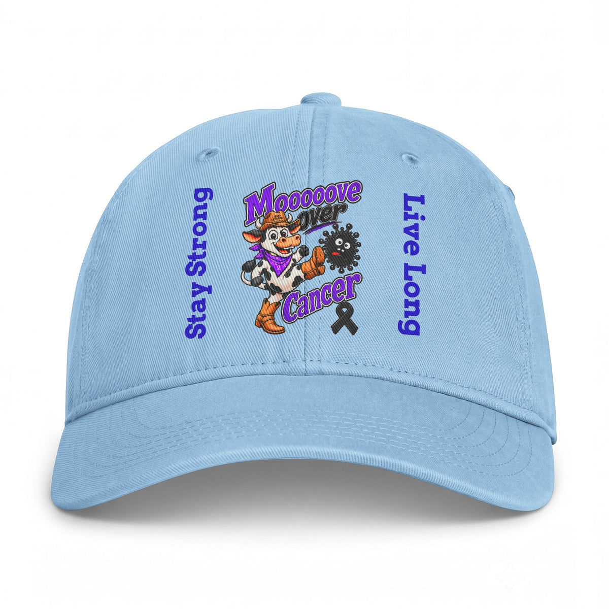 Light blue Moooove Over Cancer cap with Stay Strong and Live Long design