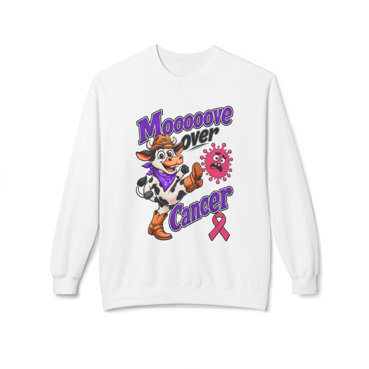 Moooove Over Cancer crewneck sweatshirt with cow artwork and pink Breast Cancer awareness ribbon