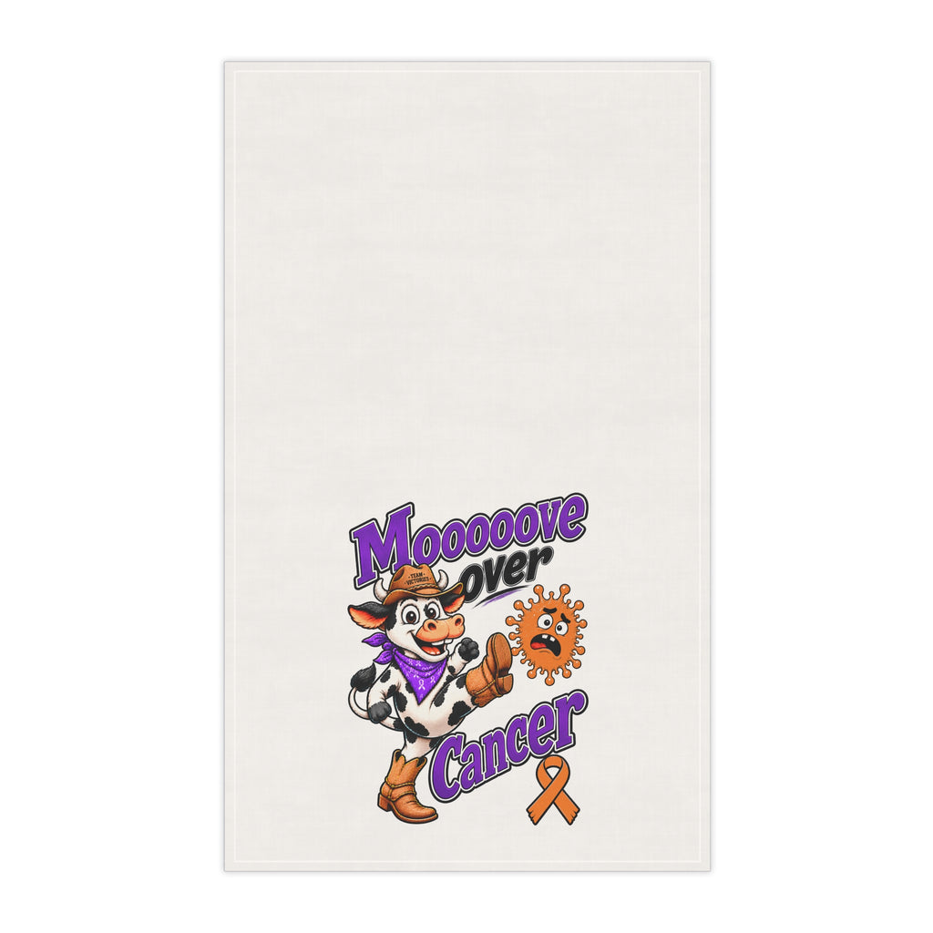 Moooove Over Cancer tea towel with a colorful cow, purple lettering, and orange ribbon