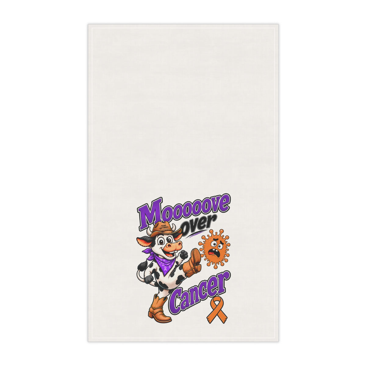 Moooove Over Cancer tea towel with a colorful cow, purple lettering, and orange ribbon