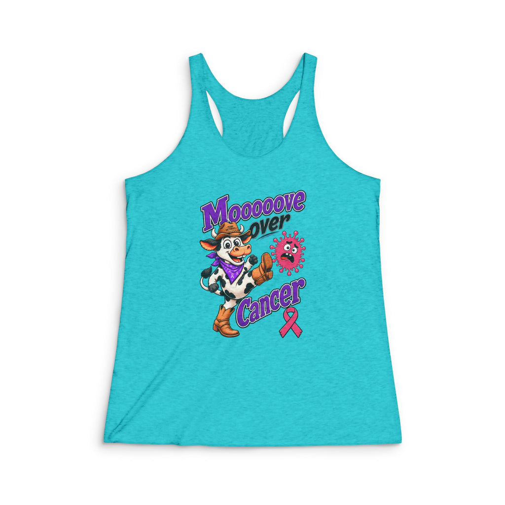 Moooove Over Cancer racerback tank top with cartoon cow and Breast Cancer awareness ribbon