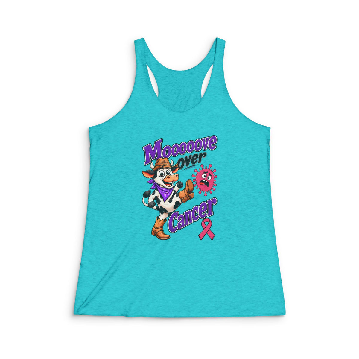 Moooove Over Cancer racerback tank top with cartoon cow and Breast Cancer awareness ribbon