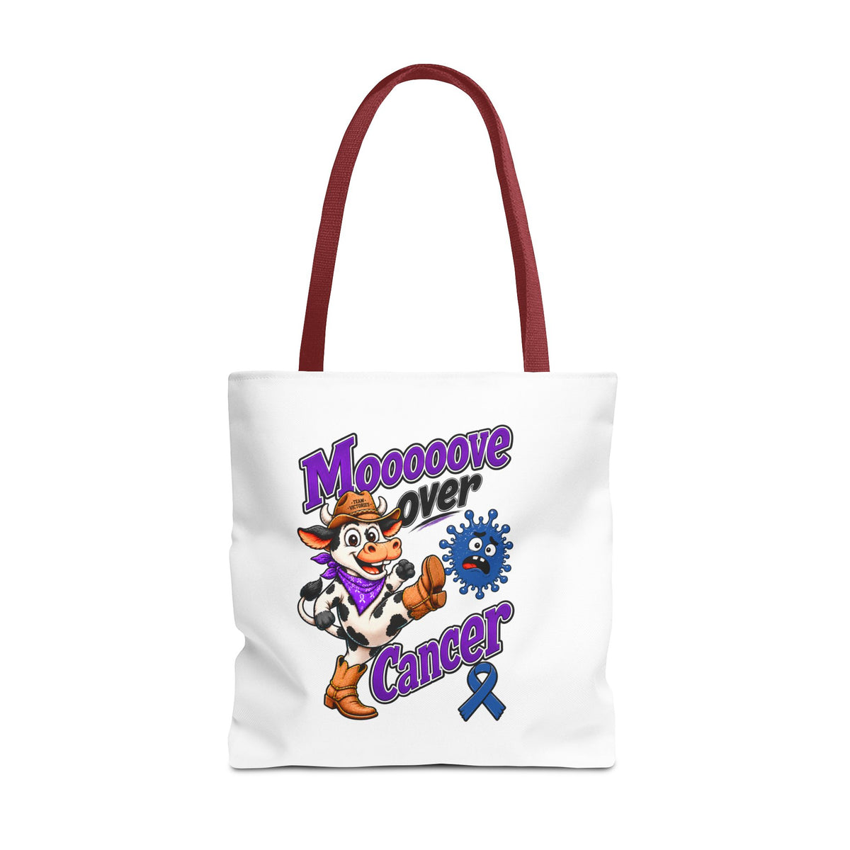 Moooove Over Cancer cow artwork printed on a white polyester tote