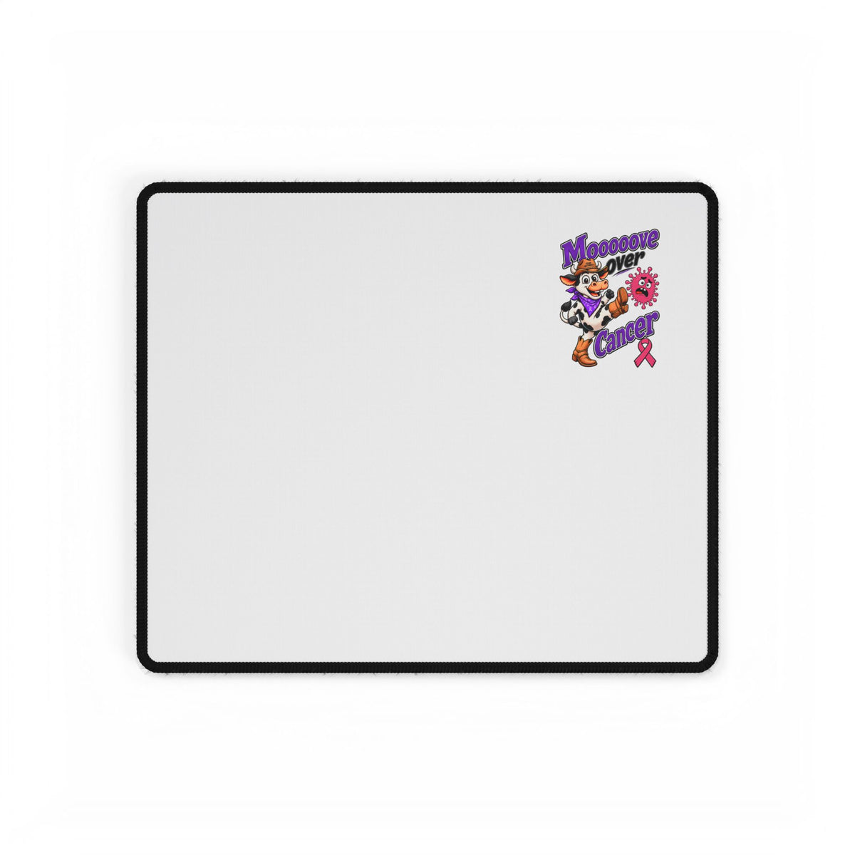 Moooove Over Cancer desk mat with Breast Cancer awareness ribbon artwork