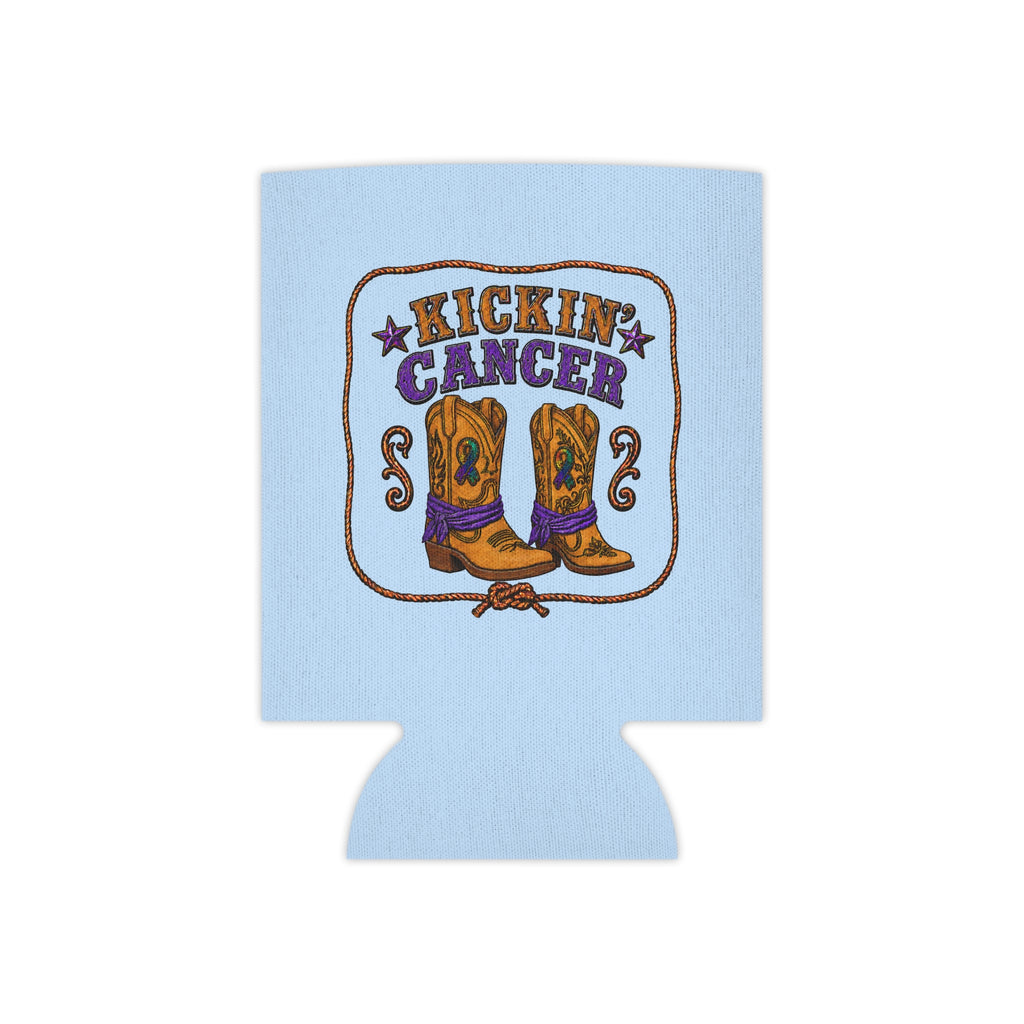 Light blue Kickin' Cancer can cooler laid flat with western boot artwork and bottom opening
