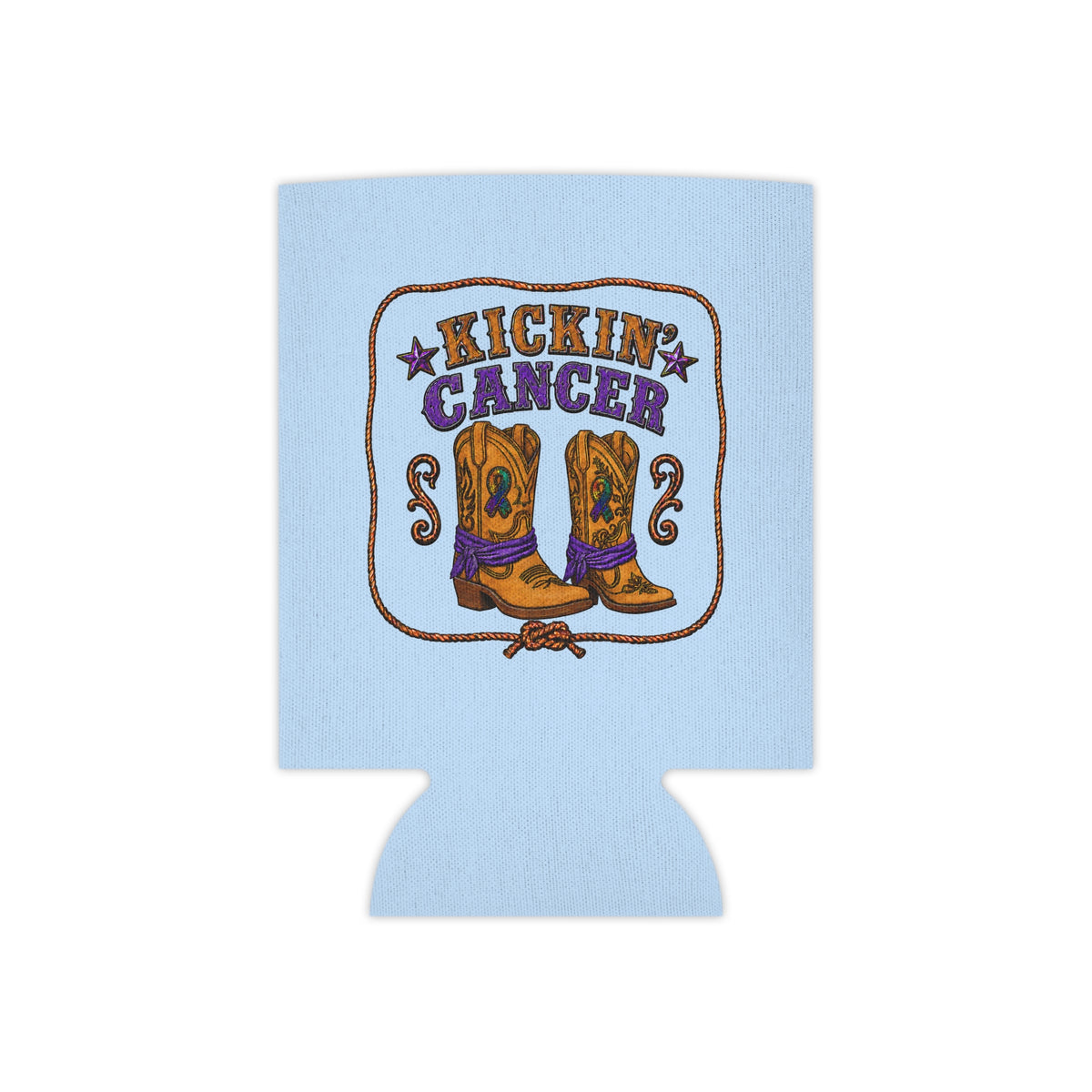 Light blue Kickin' Cancer can cooler laid flat with western boot artwork and bottom opening