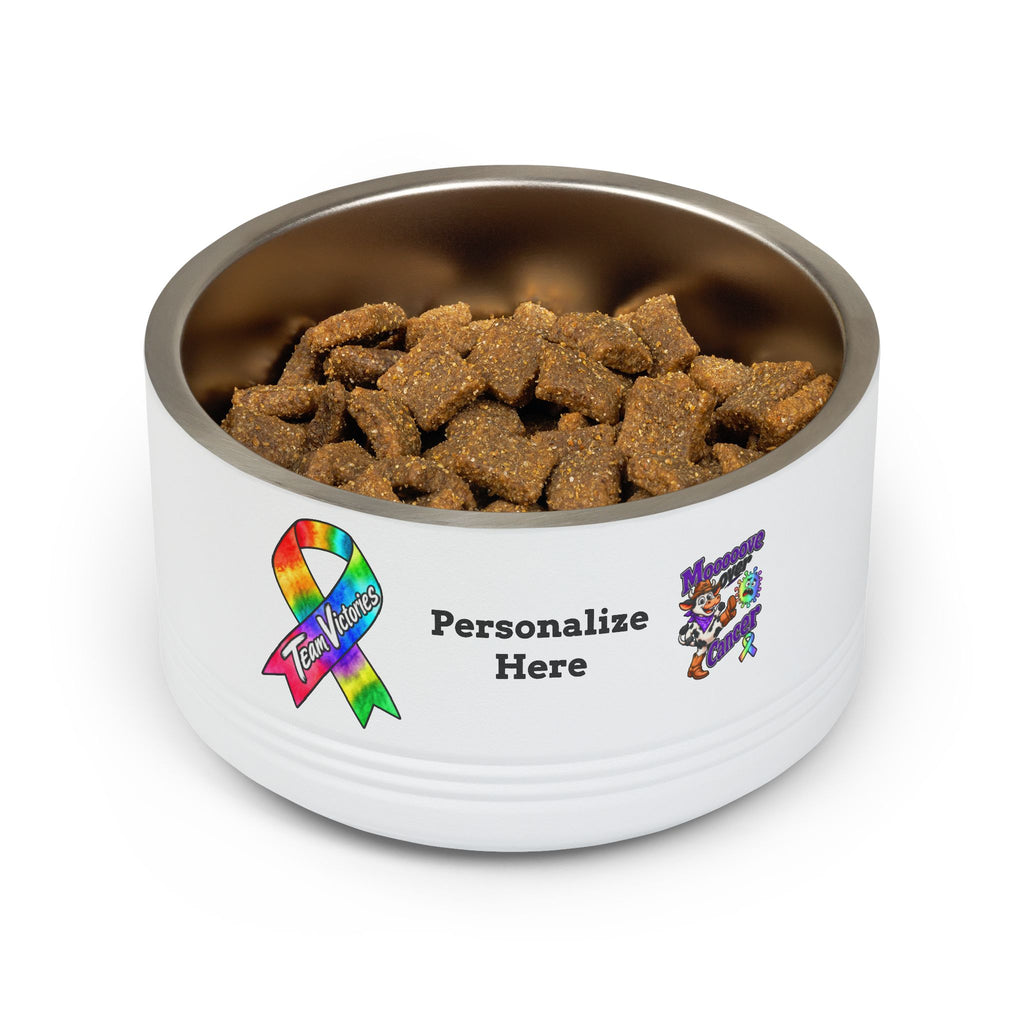 Moooove Over Cancer white pet bowl filled with food, featuring an all-cancer awareness ribbon