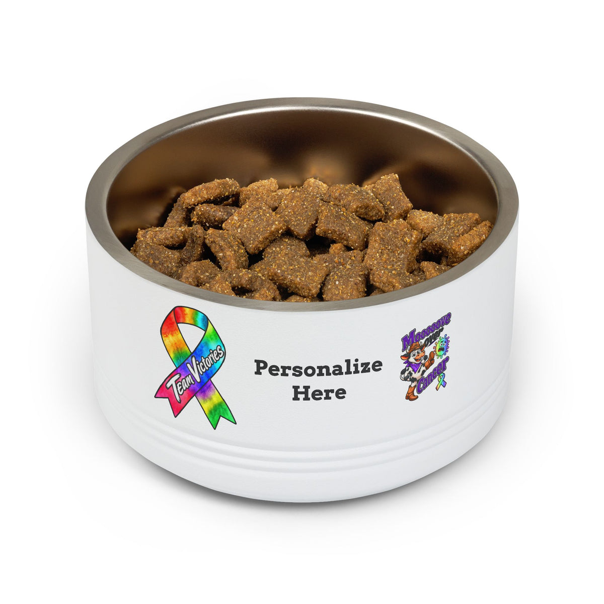 Moooove Over Cancer white pet bowl filled with food, featuring an all-cancer awareness ribbon
