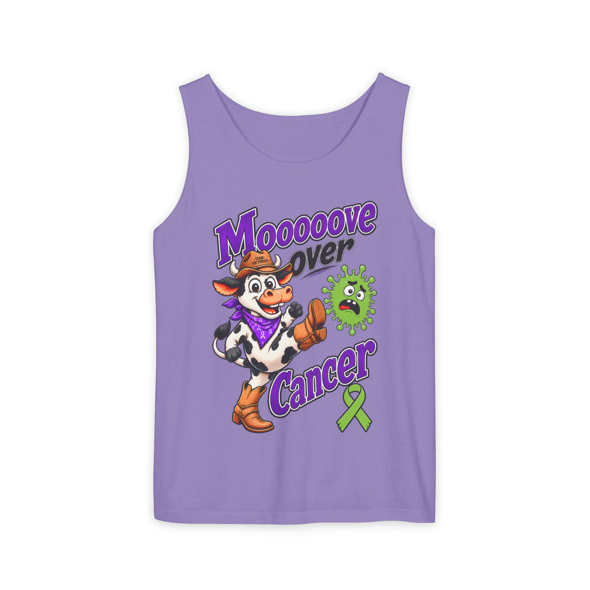 Moooove Over Cancer tank top with cow artwork on pink fabric