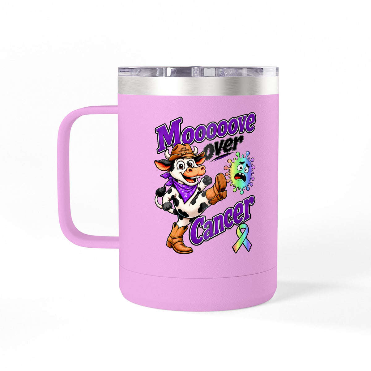 Pink Moooove Over Cancer insulated mug with cow design and all-cancer awareness ribbon