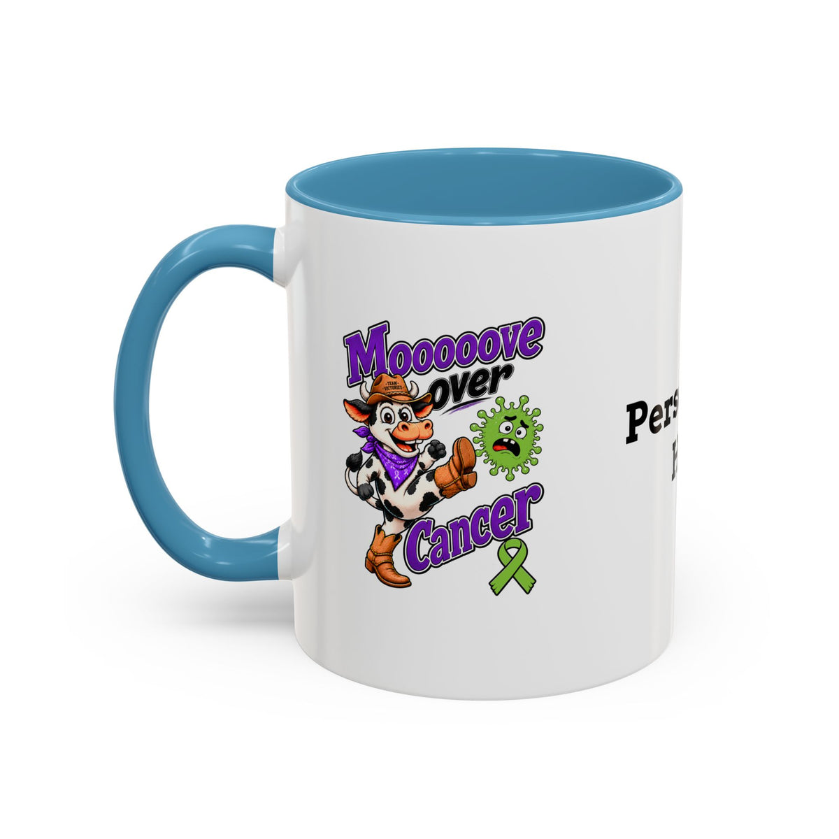 Moooove Over Cancer mug with yellow handle and Non-Hodgkin/Lymphoma Cancer awareness ribbon