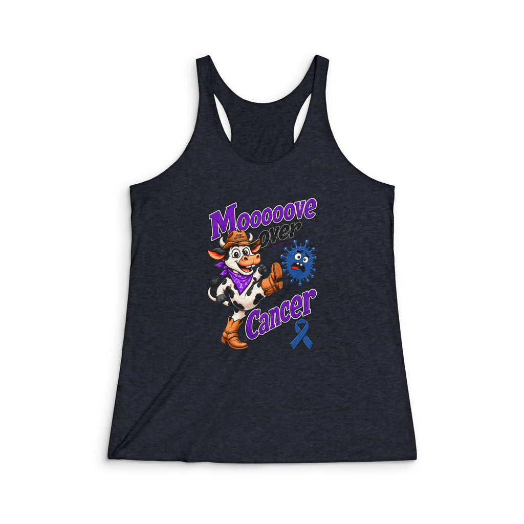 Moooove Over Cancer racerback tank top with colorful cow graphic and Colon Cancer awareness ribbon on dark fabric