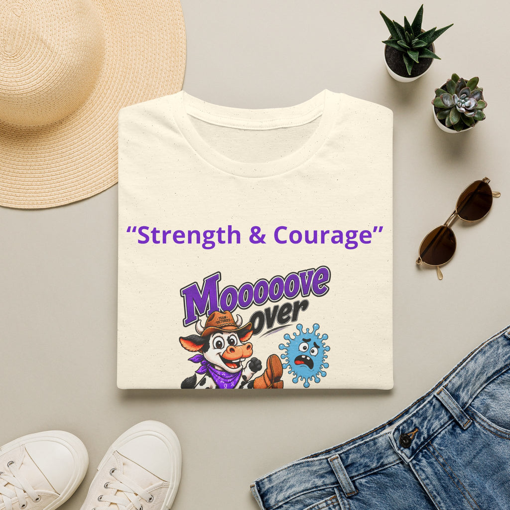 Side view of woman in yellow Moooove Over Cancer T-shirt with Strength & Courage design