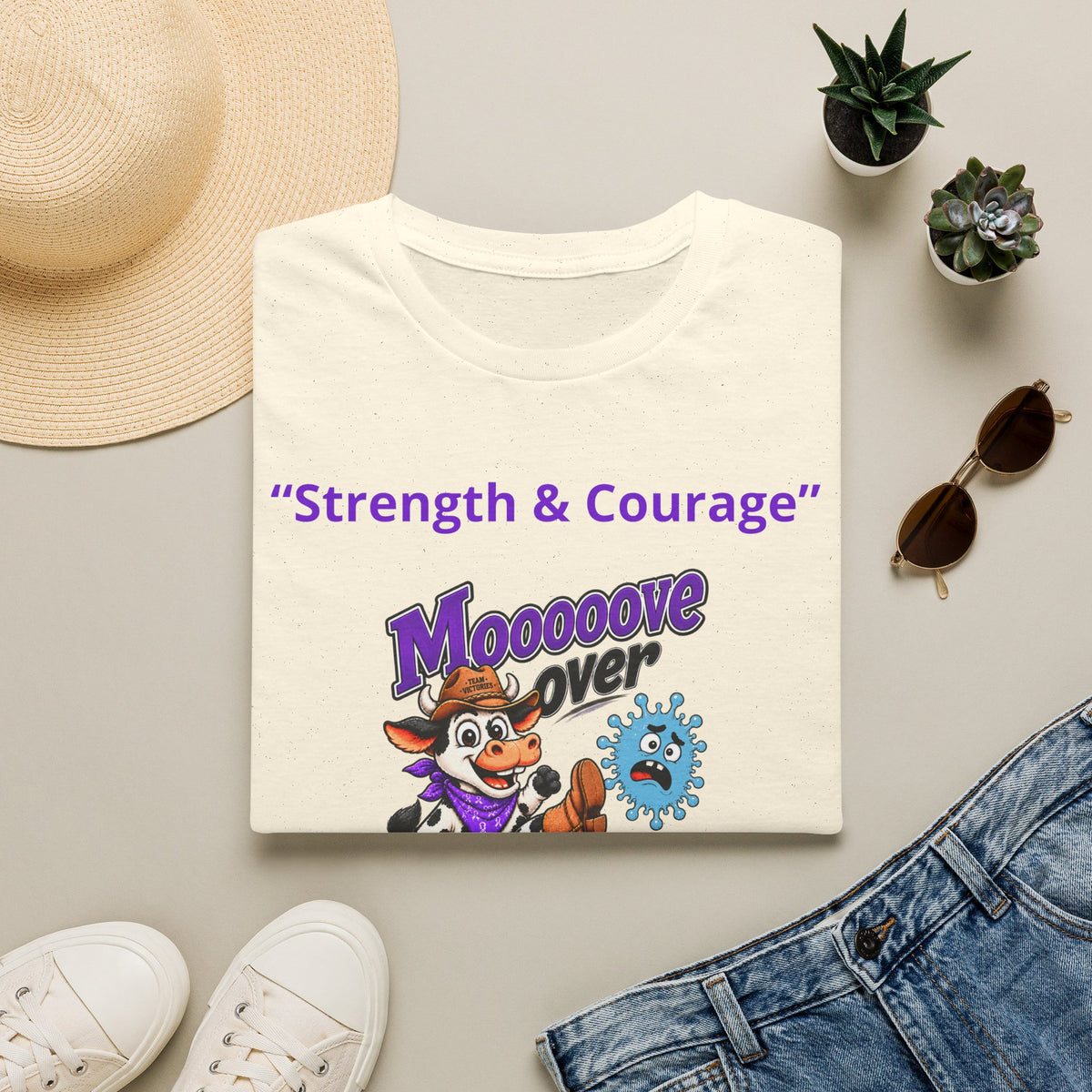 Side view of woman in yellow Moooove Over Cancer T-shirt with Strength & Courage design