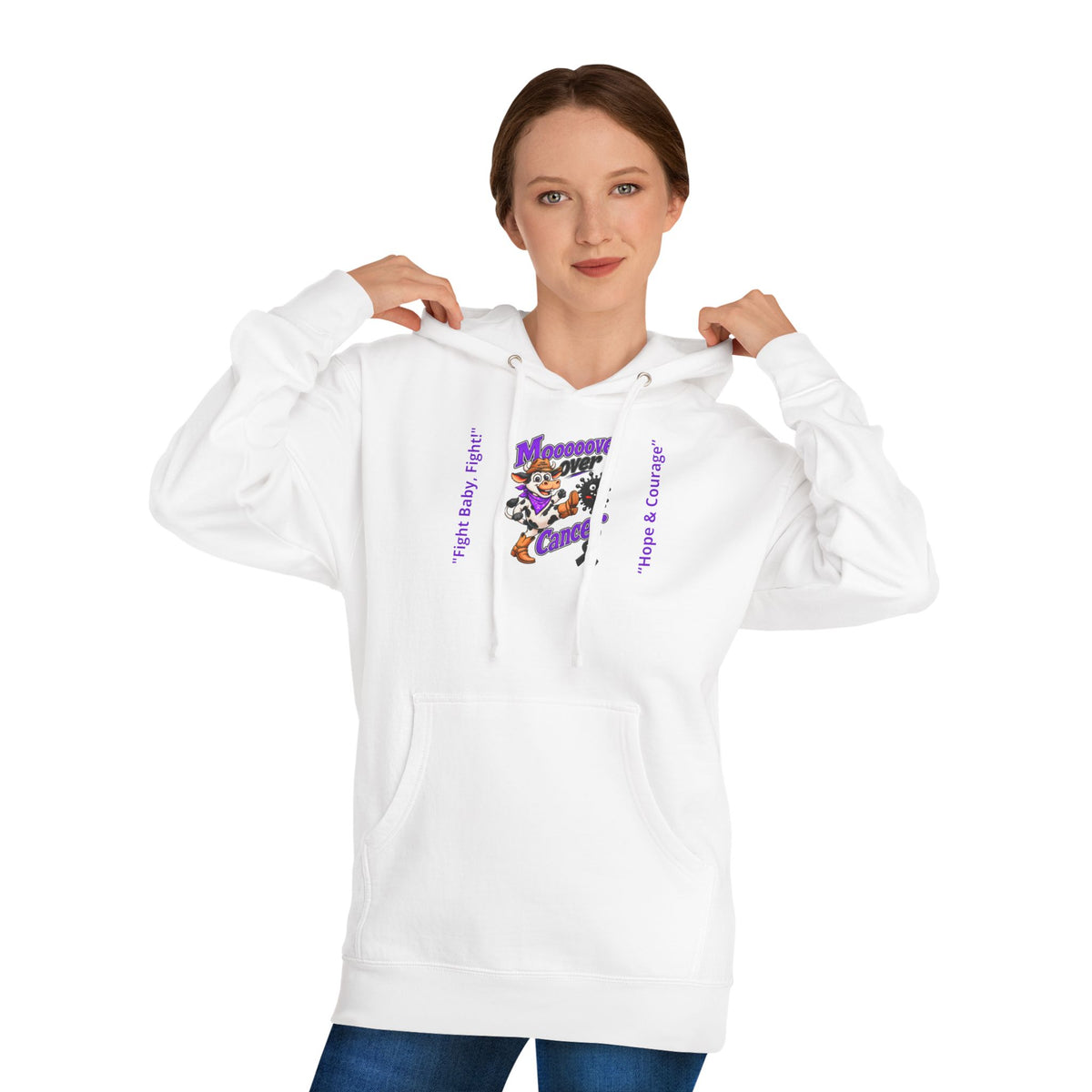 Model wearing the white Moooove Over Cancer hoodie with front artwork