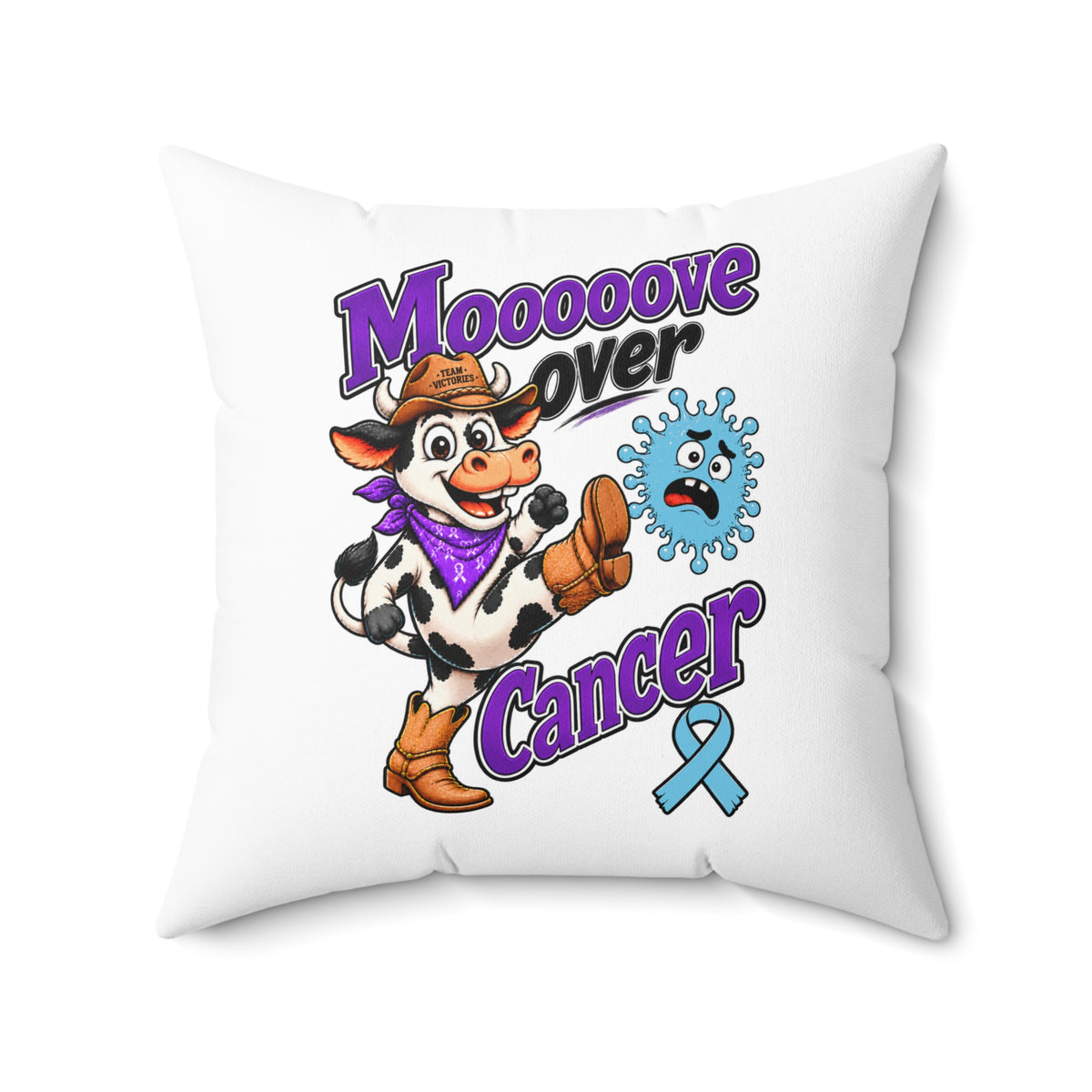 Close front view of Team Victories Moooove Over Cancer throw pillow
