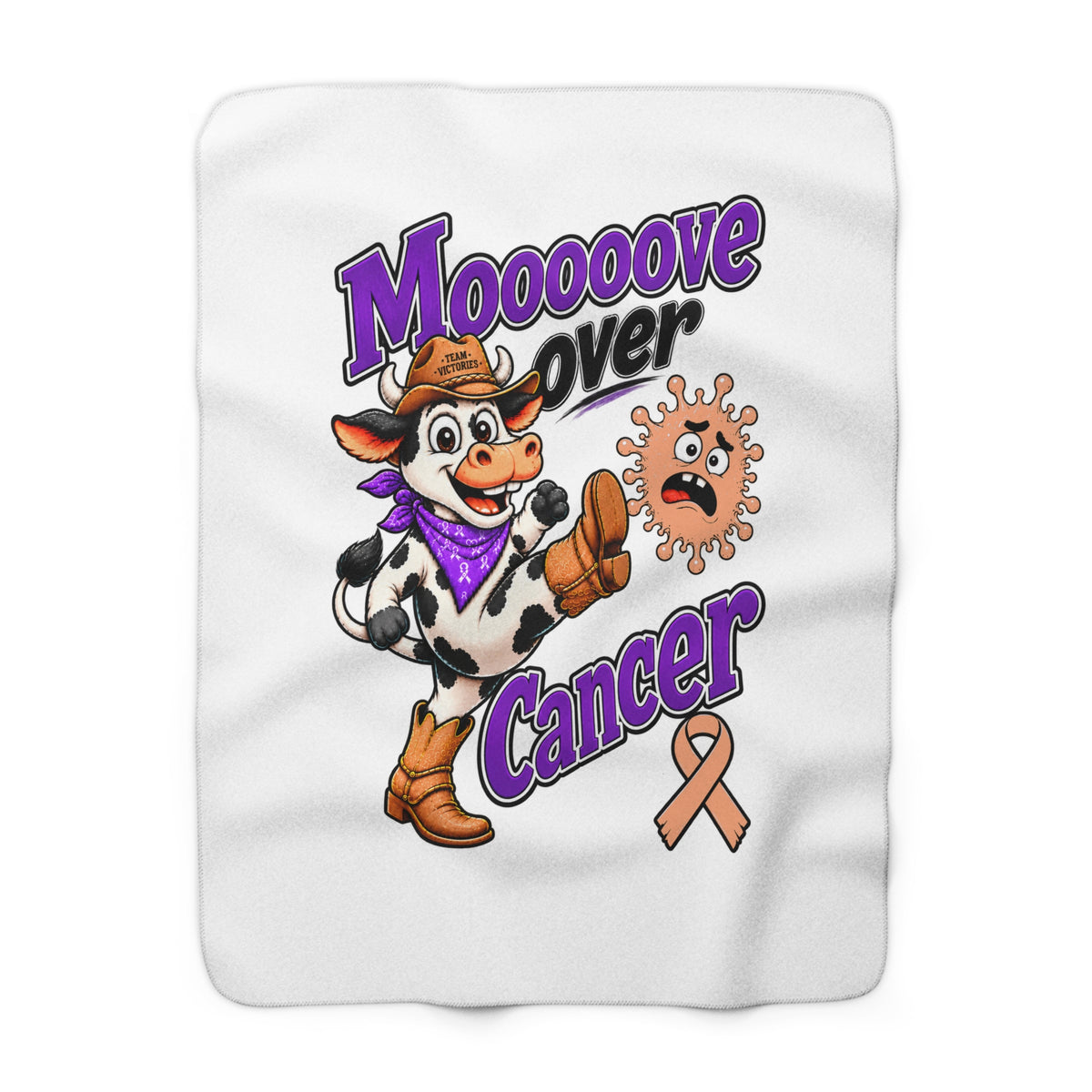 Moooove Over Cancer sherpa blanket with cowgirl cow and peach Uterine Cancer awareness ribbon