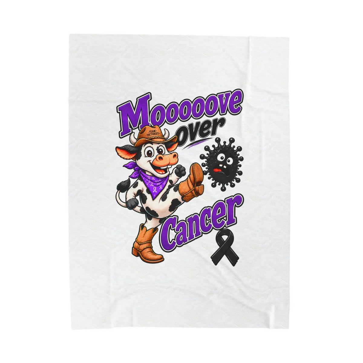 Moooove Over Cancer vertical white blanket with western cow artwork and black ribbon