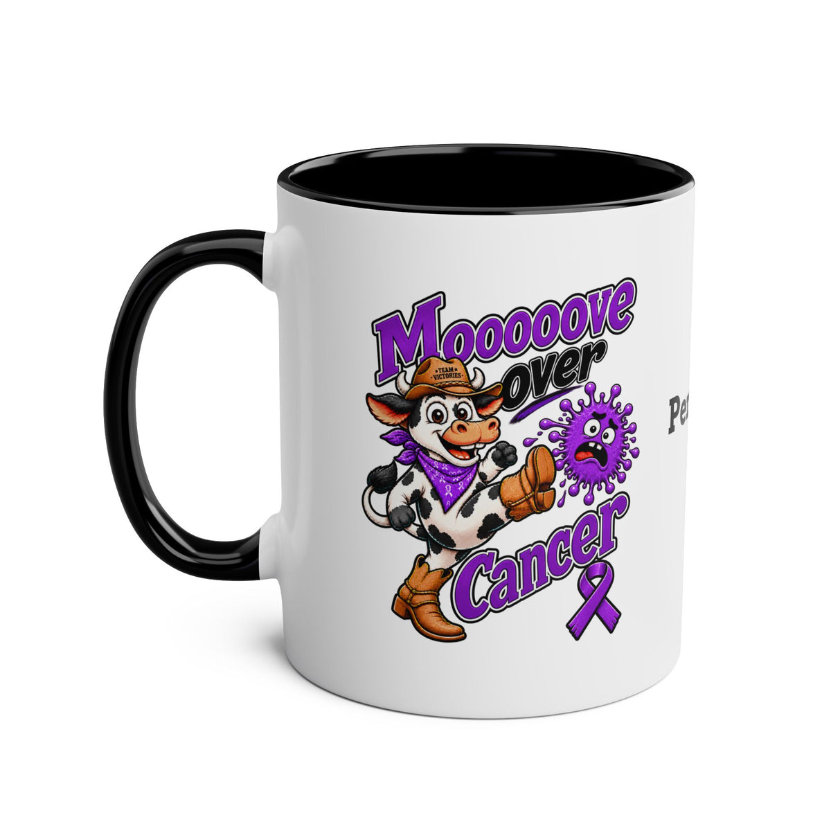 Moooove Over Cancer Team Victories mug with black interior and handle