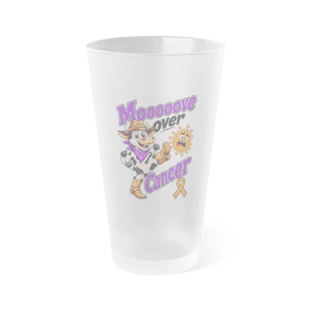 Moooove Over Cancer cow artwork and ribbon on a frosted pint glass