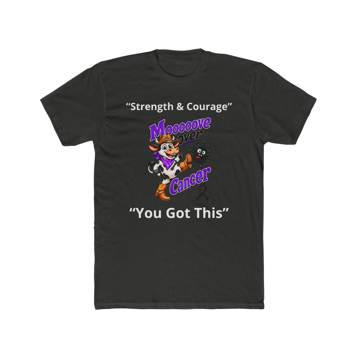Black Moooove Over Cancer T-shirt with character artwork and awareness ribbon