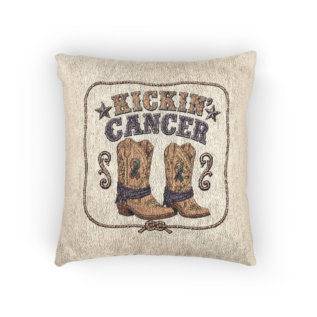 Front view of a beige woven Kickin' Cancer pillow with cowboy boots, stars, and Western lettering