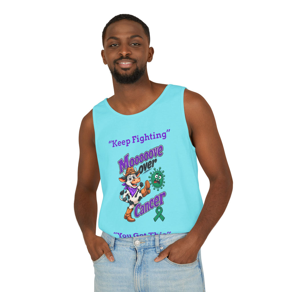 Woman modeling a slate Moooove Over Cancer tank top with Liver Cancer awareness artwork