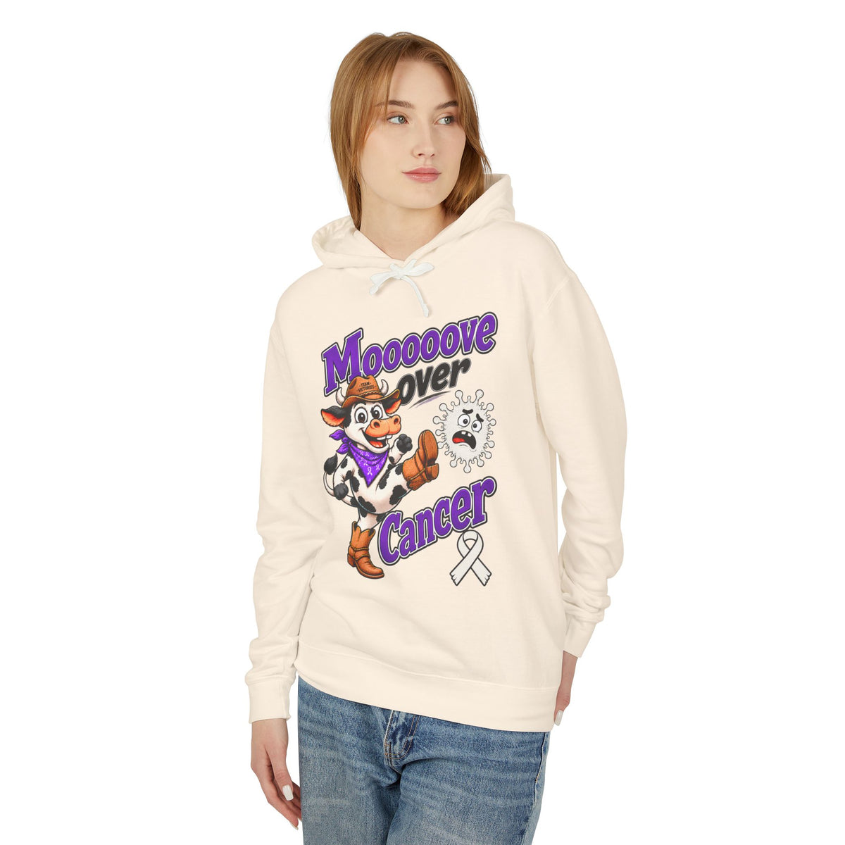 Model wearing a cream Moooove Over Cancer hoodie with cow and Lung Cancer awareness design