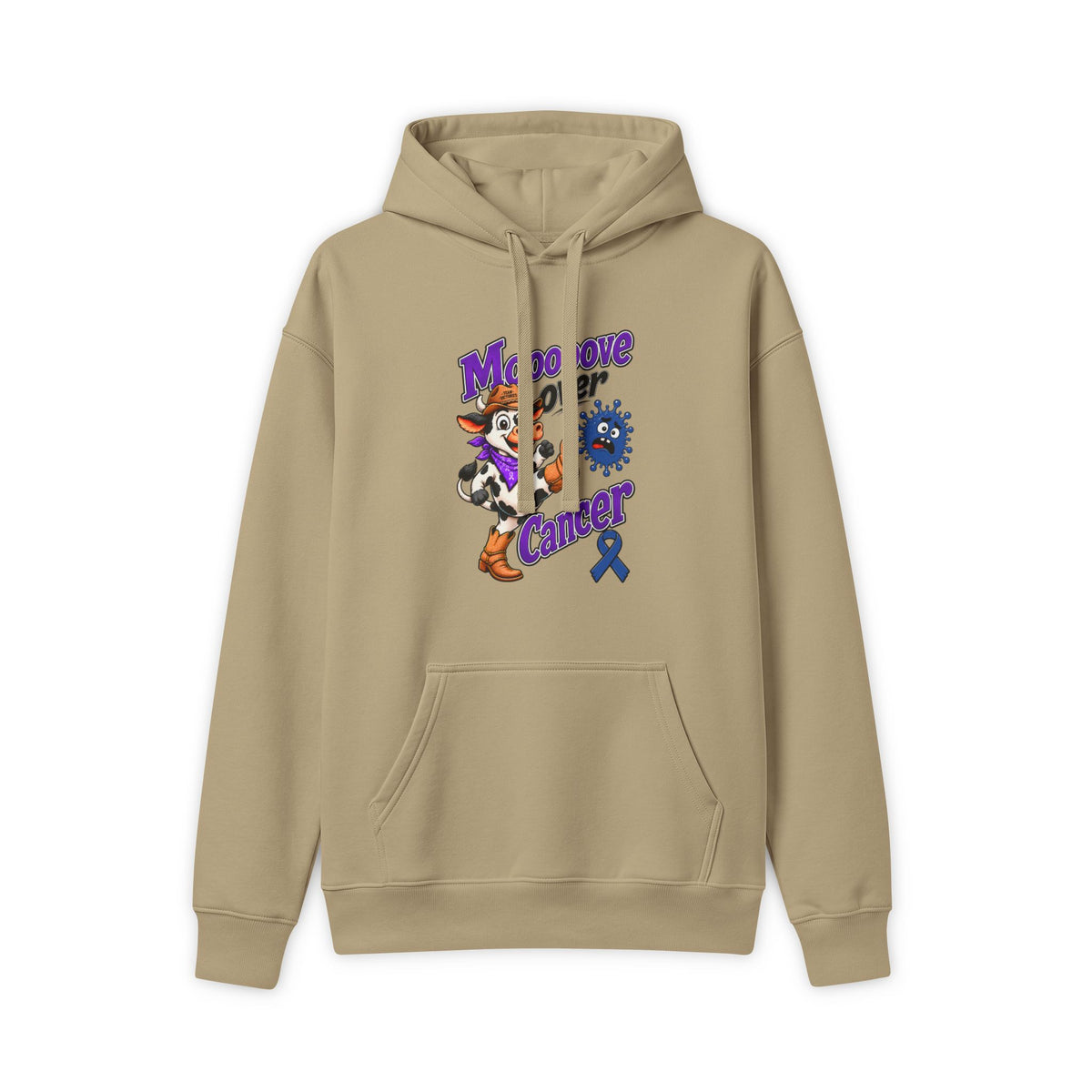 Moooove Over Cancer Colon Cancer awareness hoodie in tan with front pouch pocket