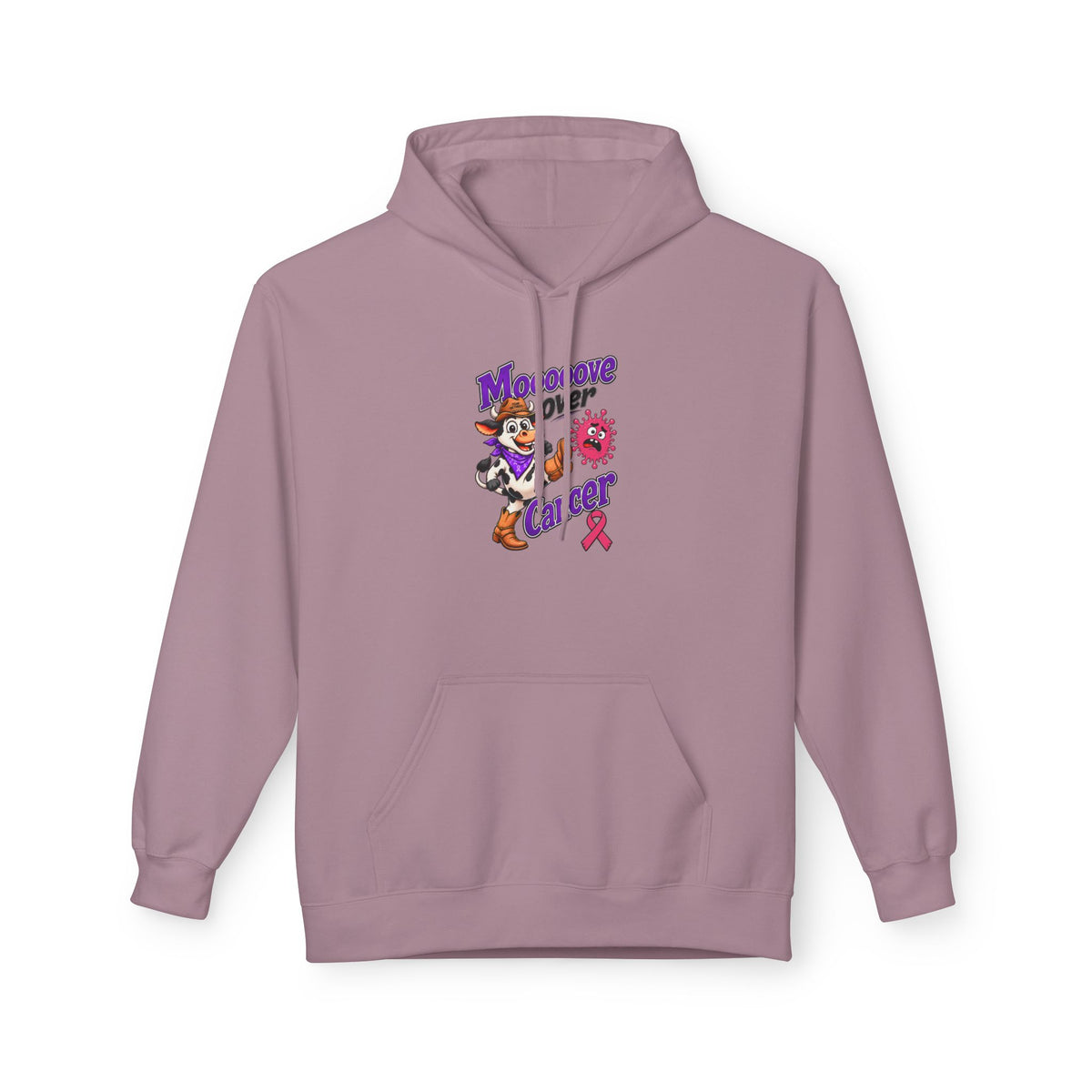 Mauve Moooove Over Cancer hoodie with Breast Cancer awareness ribbon chest artwork