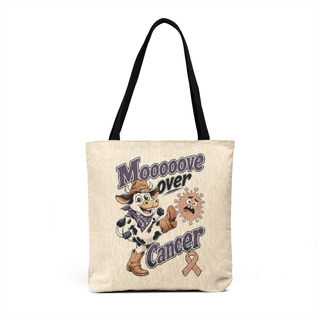 Front view of Moooove Over Cancer cow design on a woven tote bag