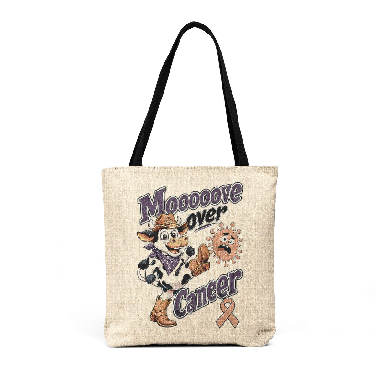 Front view of Moooove Over Cancer cow design on a woven tote bag