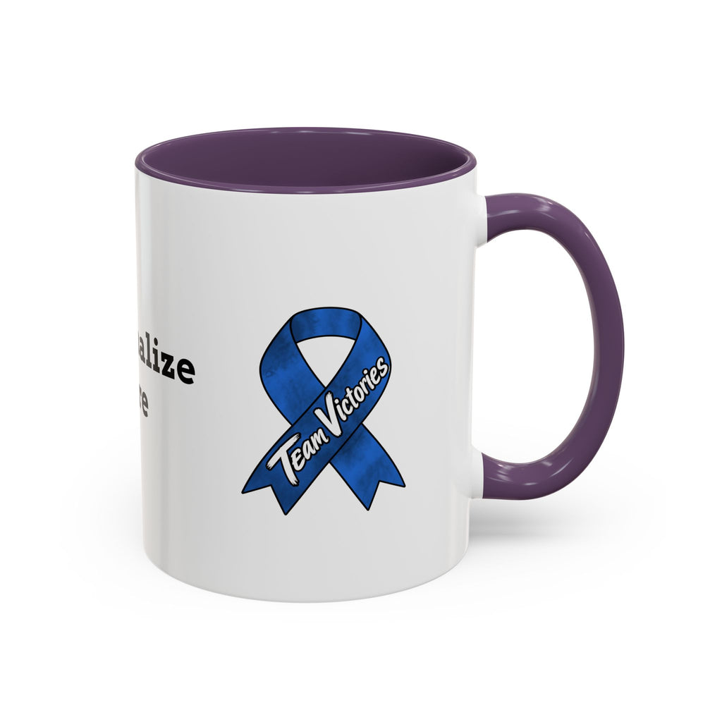 Moooove Over Cancer Colon Cancer awareness ribbon mug with colorful accent handle