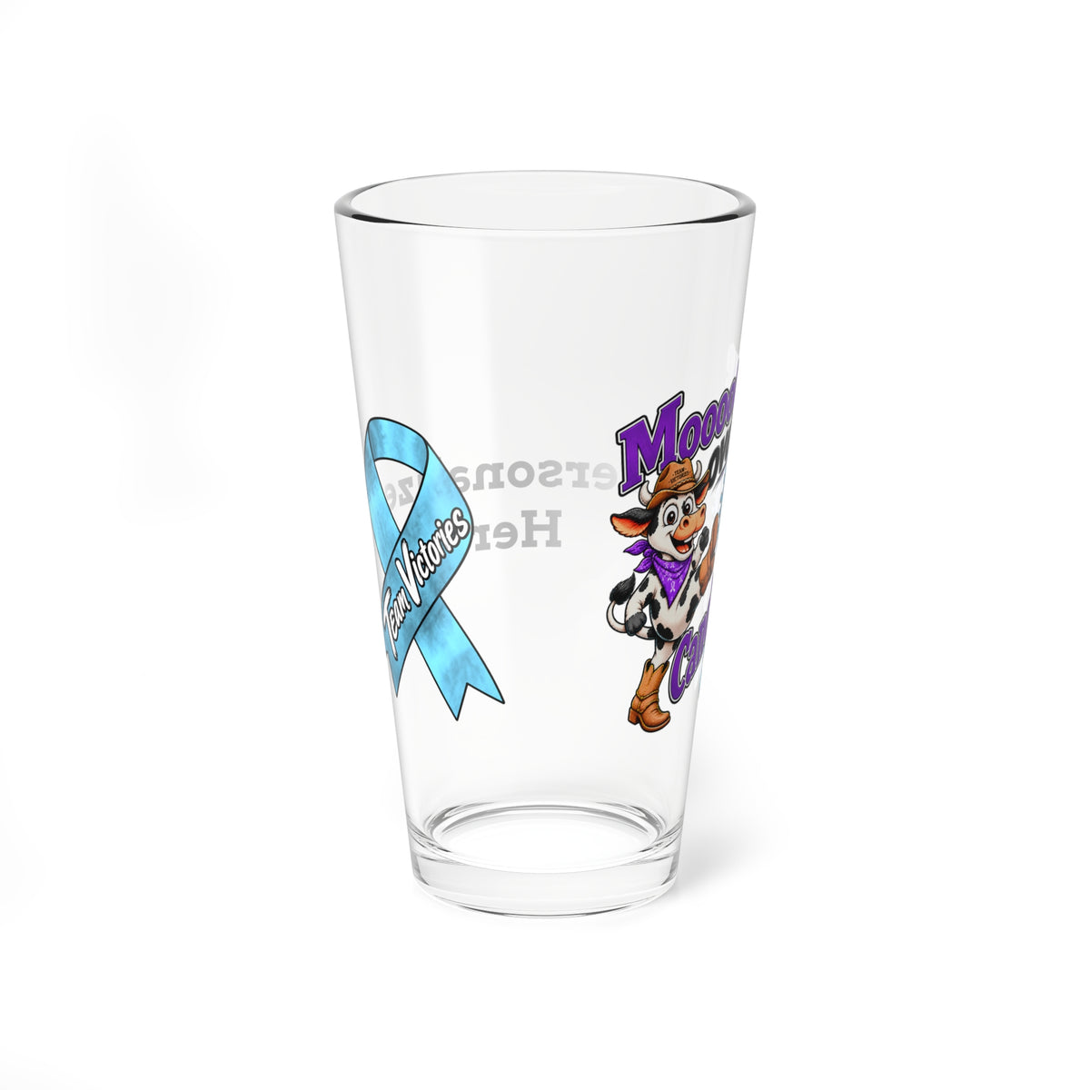 Moooove Over Cancer clear glass featuring colorful character artwork and ribbon