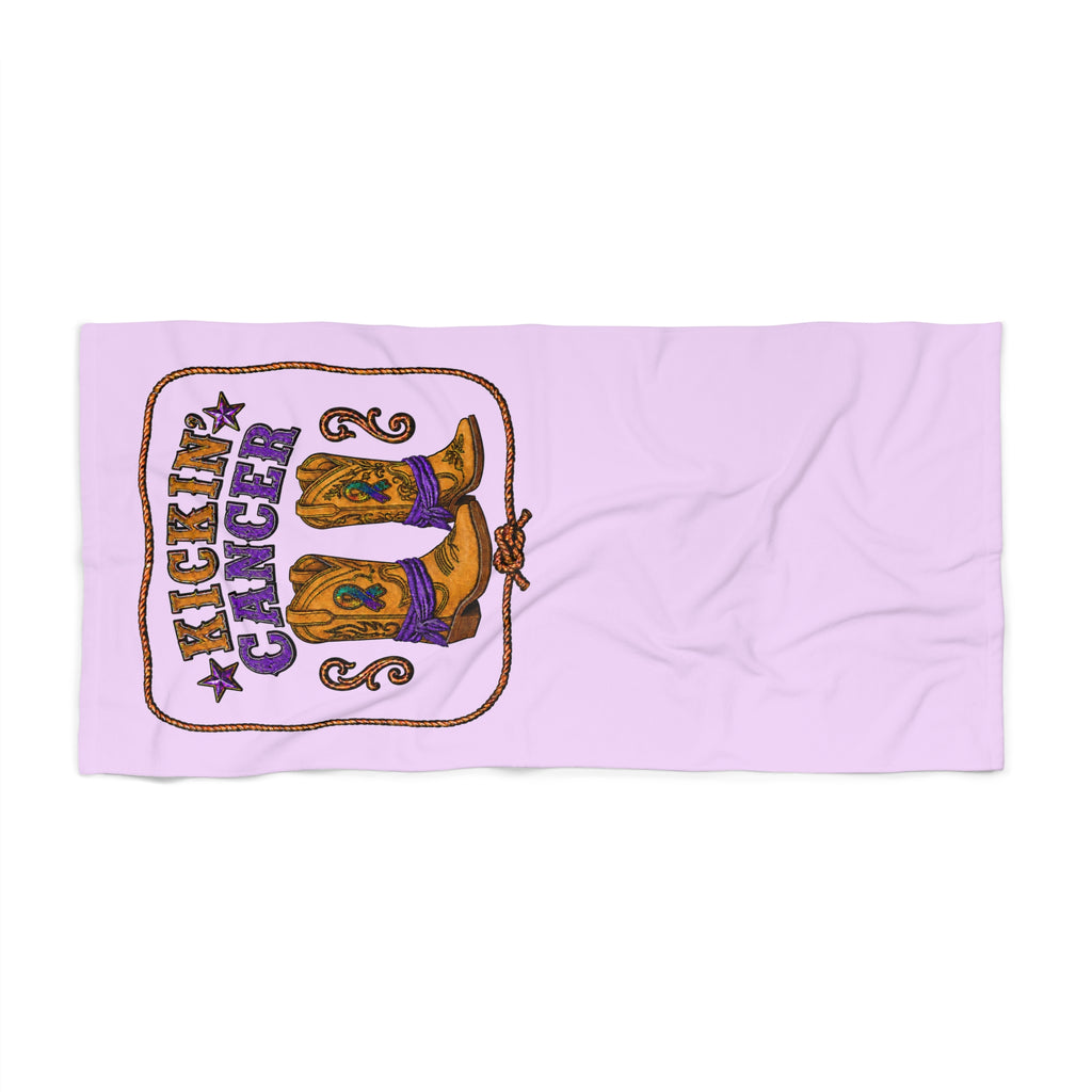 Kickin’ Cancer mint beach towel laid flat, showing western boot and awareness-ribbon artwork in an alternate view.