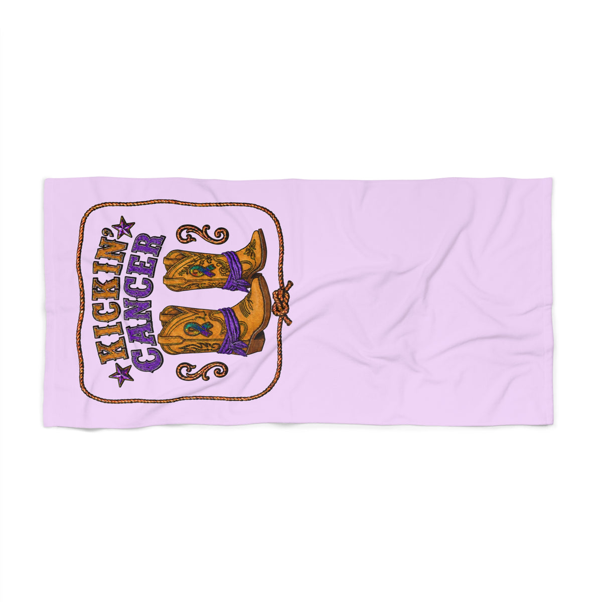 Kickin’ Cancer mint beach towel laid flat, showing western boot and awareness-ribbon artwork in an alternate view.