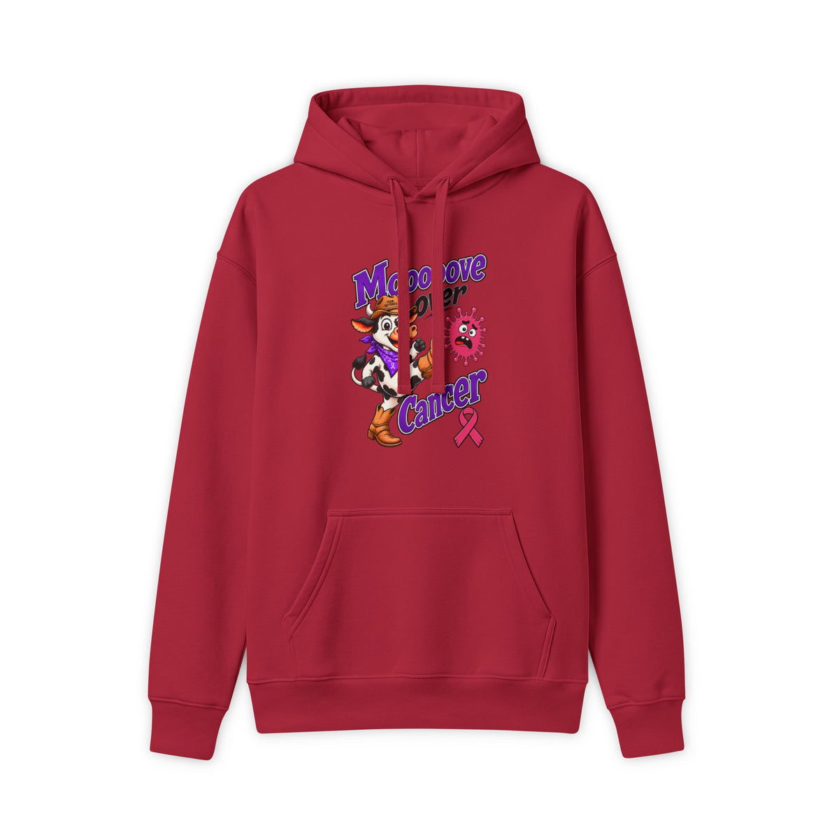 Moooove Over Cancer hoodie with pink Breast Cancer awareness ribbon, red front view