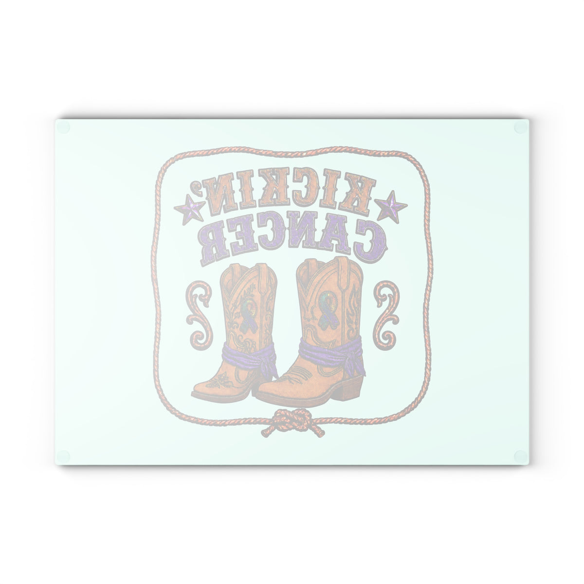 Back of the tempered glass cutting board showing four rubber feet and the reversed design