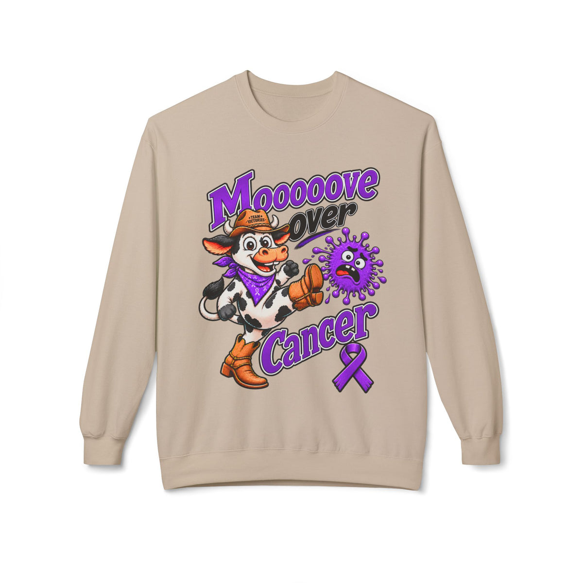 Woman wearing the Moooove Over Cancer crewneck with purple Pancreatic Cancer awareness ribbon