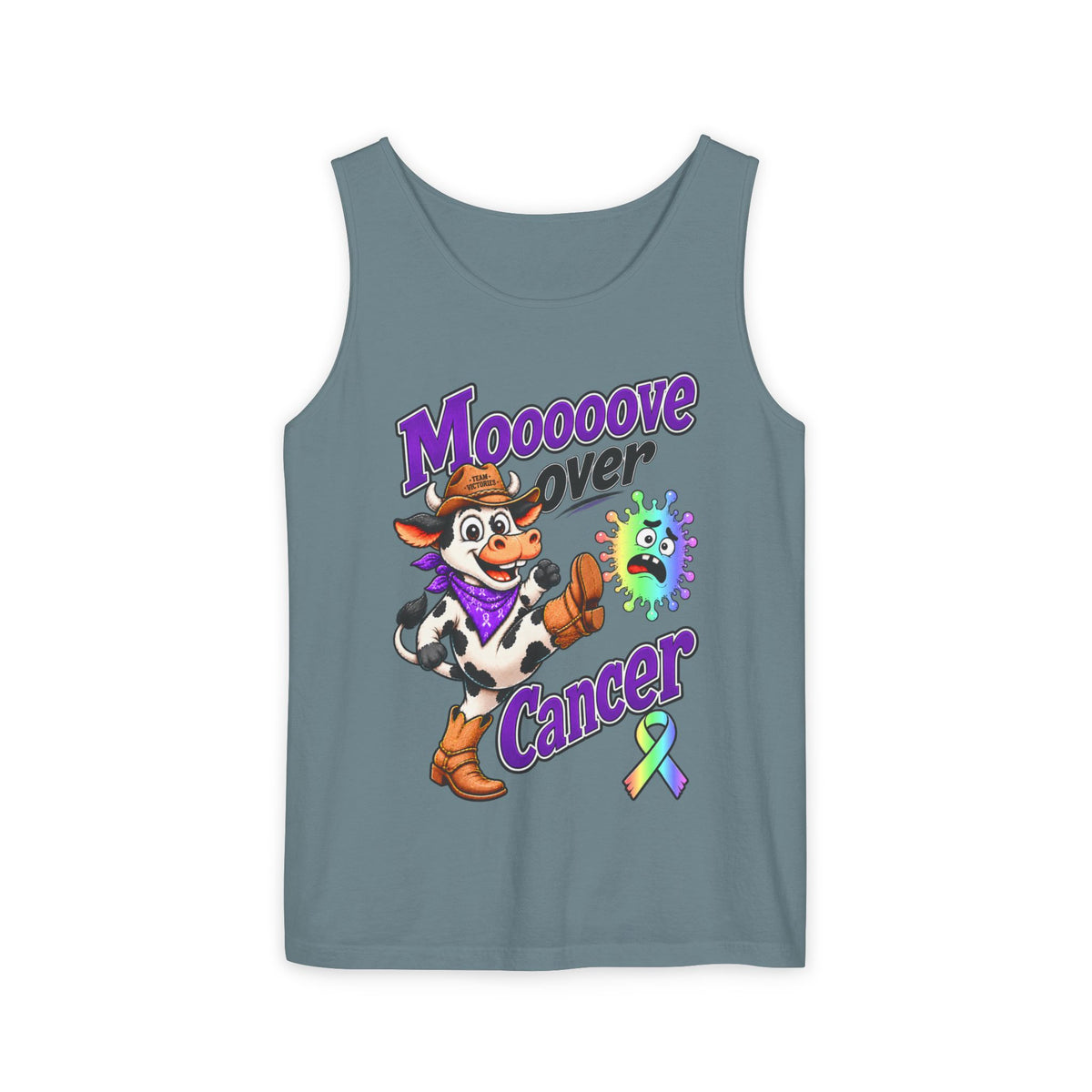 Black Moooove Over Cancer tank top with cowgirl design and all-cancer awareness ribbon