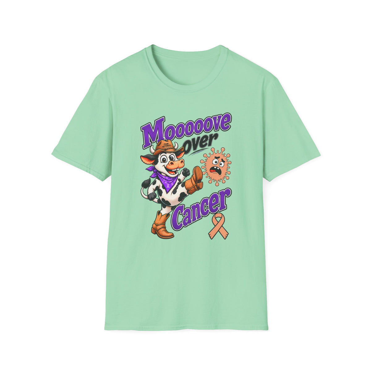 Moooove Over Cancer T-Shirt with cowgirl artwork and Uterine Cancer awareness ribbon on mint