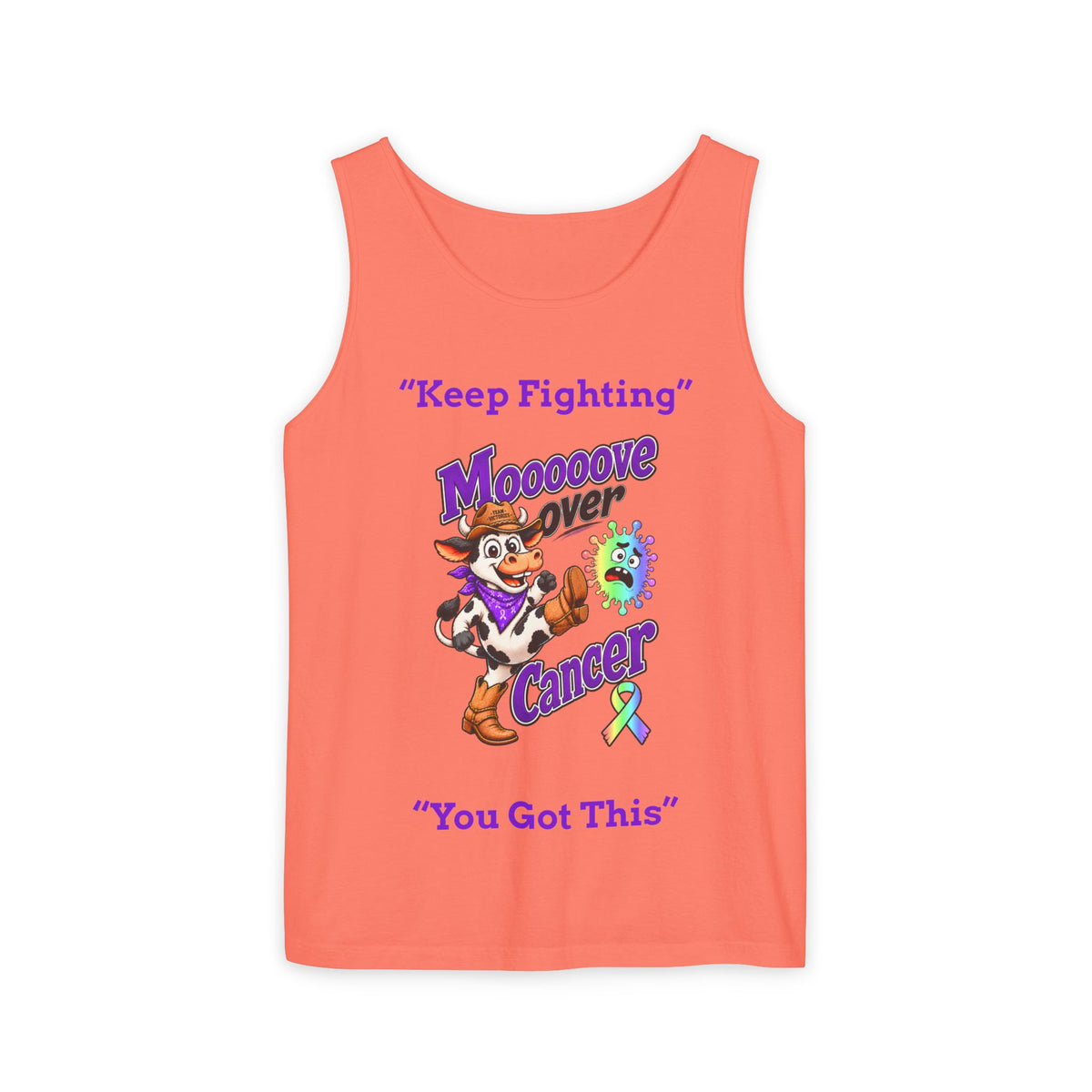 Bright coral Moooove Over Cancer tank top with You Got This and all-cancer awareness ribbon