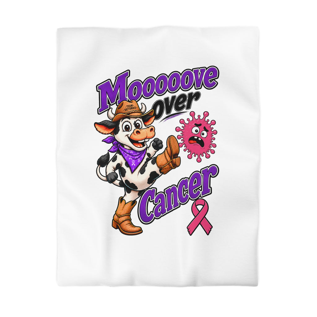 Moooove Over Cancer duvet cover with cow character and pink Breast Cancer awareness ribbon