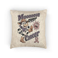 Moooove Over Cancer woven cushion with cow artwork and cancer-awareness ribbon