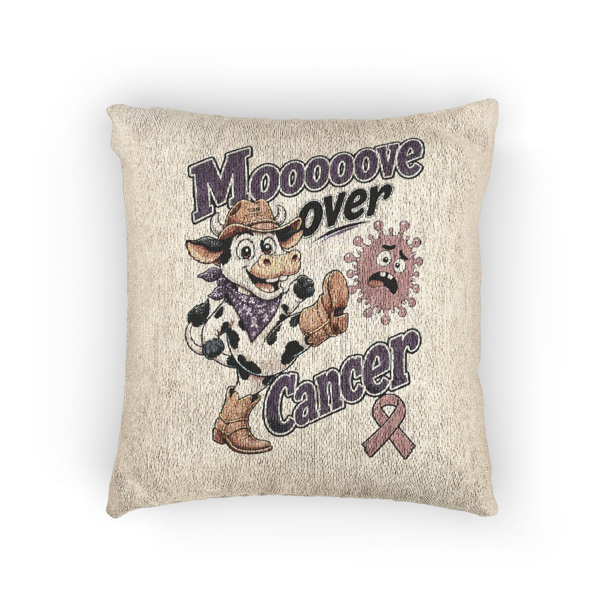 Moooove Over Cancer woven cushion with cow artwork and cancer-awareness ribbon