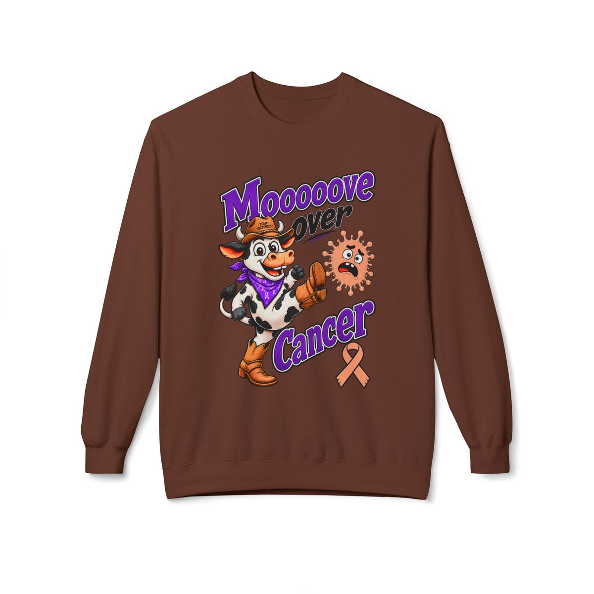 Model wearing the Moooove Over Cancer Uterine Cancer awareness crewneck sweatshirt