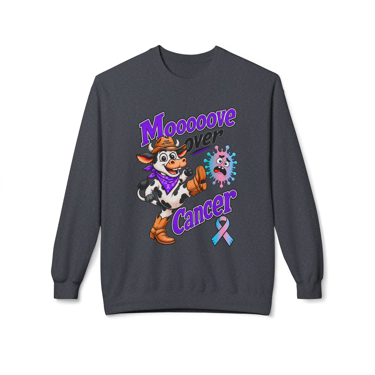 Moooove Over Cancer gray crewneck sweatshirt with cow graphic and Thyroid Cancer awareness ribbon