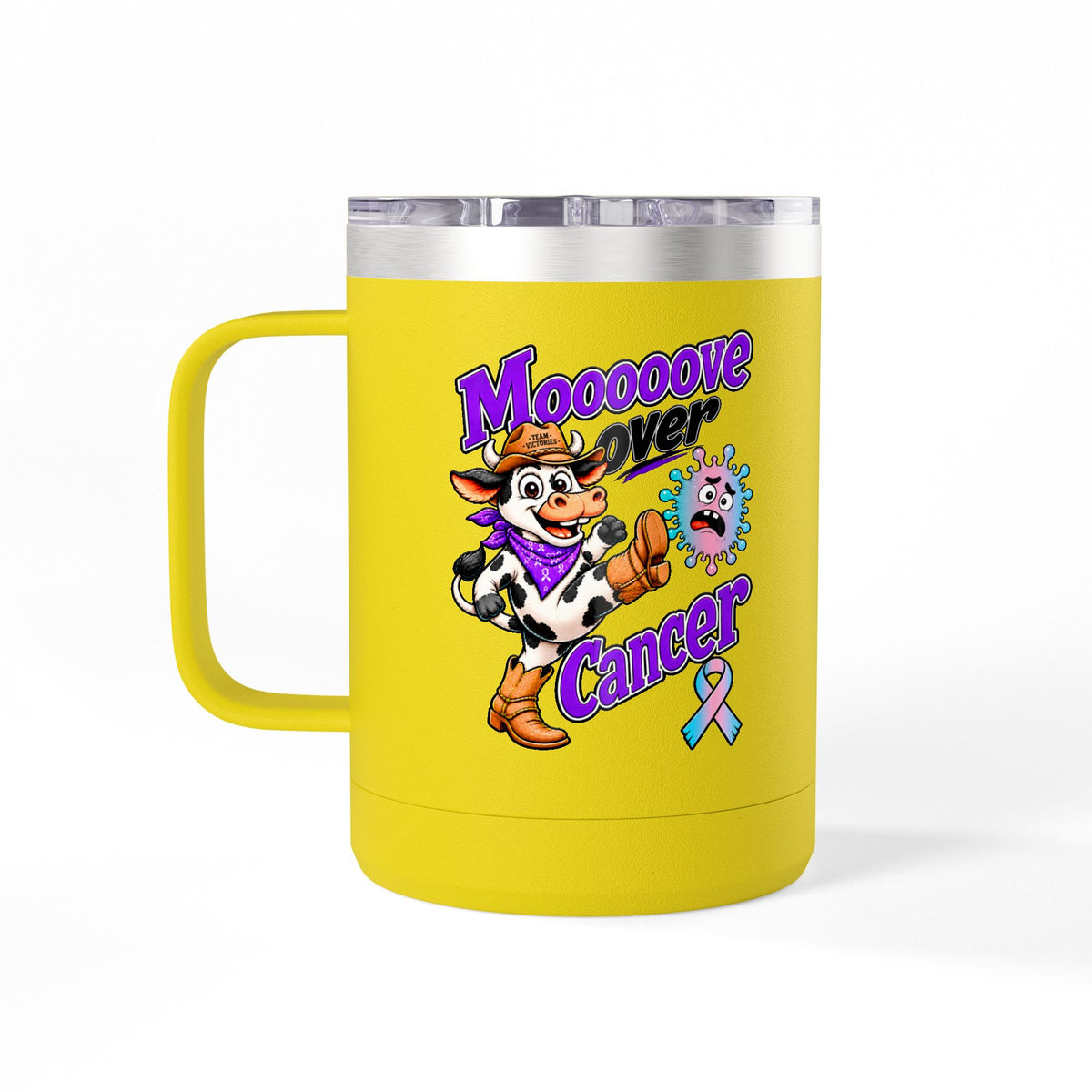 Moooove Over Cancer mug with Thyroid Cancer awareness ribbon, yellow insulated finish