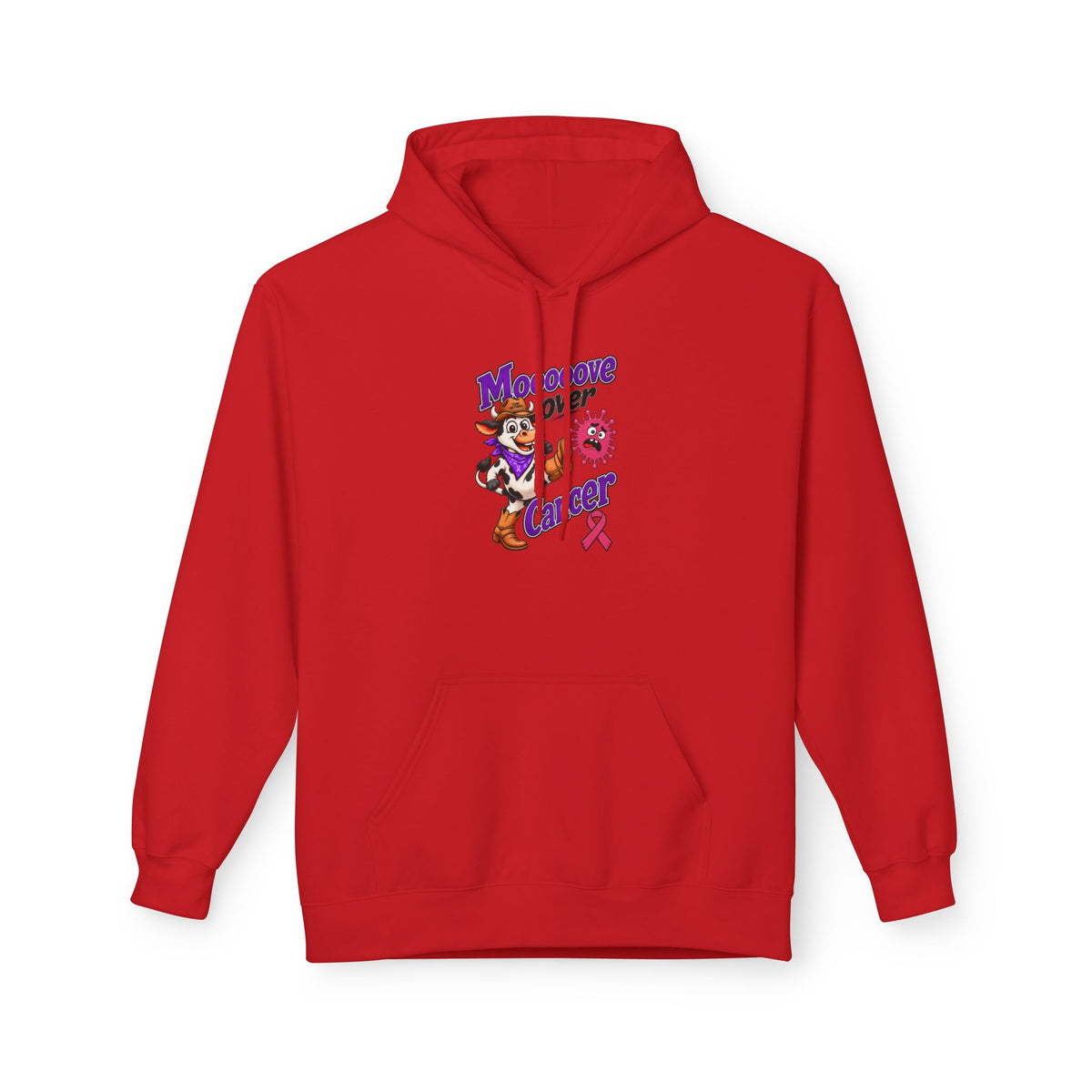 Red Moooove Over Cancer hoodie featuring cow artwork and Breast Cancer awareness ribbon