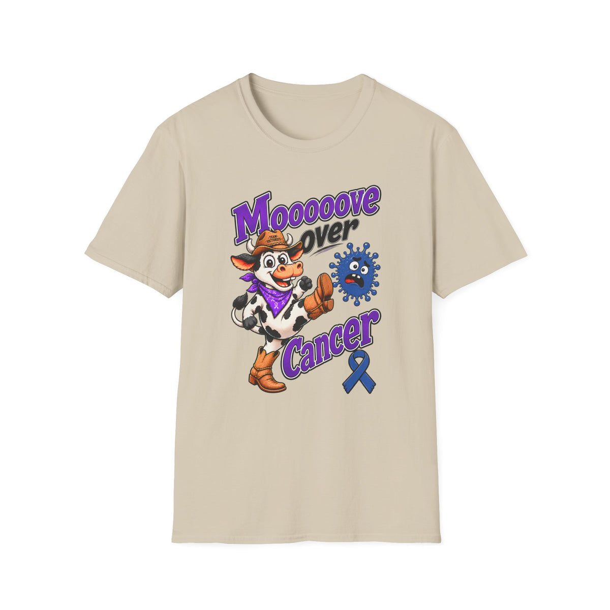 Moooove Over Cancer T-shirt in beige with Western character and Colon Cancer awareness design